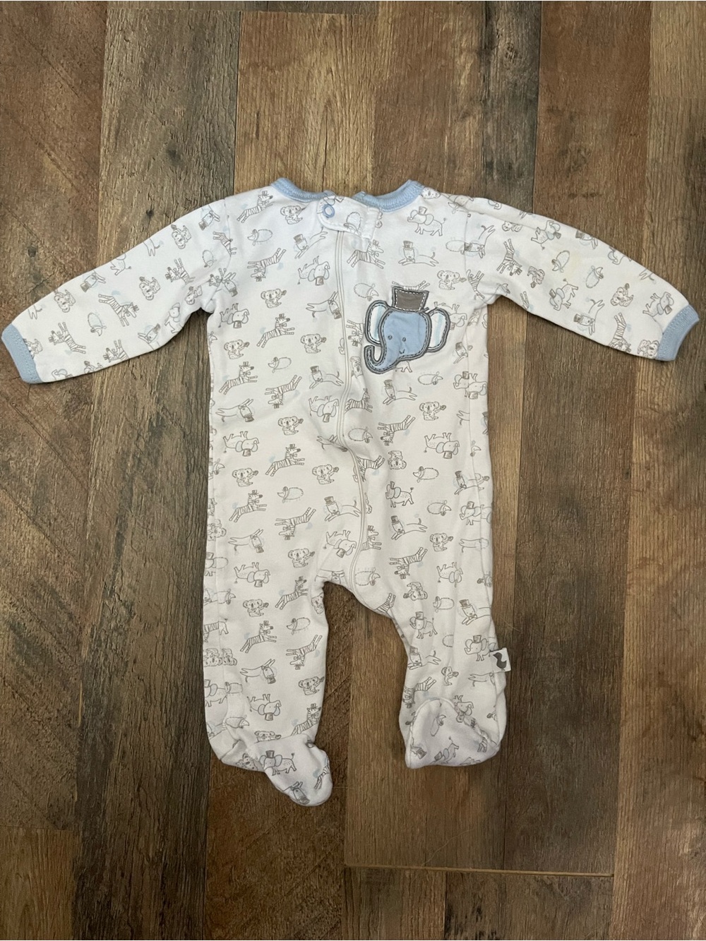 Cozy Baby Footed One-Piece with Elephant Appliqué - Light Blue